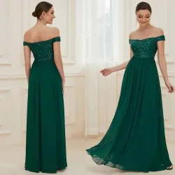 Svečana haljina sa prugastim šljokicama i spuštenim ramanima zelena